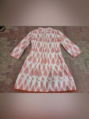 Boo Gemes pink and white ikat patterned tunic dress cover-up with fringe size xs